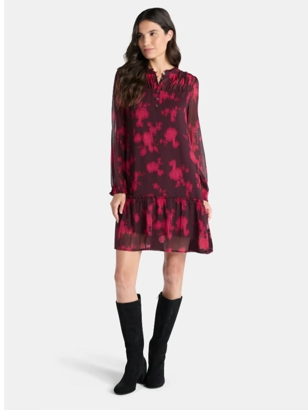 Women's Burgundy & Pink Floral Long-Sleeve Ruffle Dress